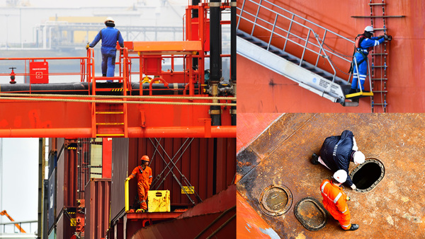 Seafarers working across different parts of a vessel