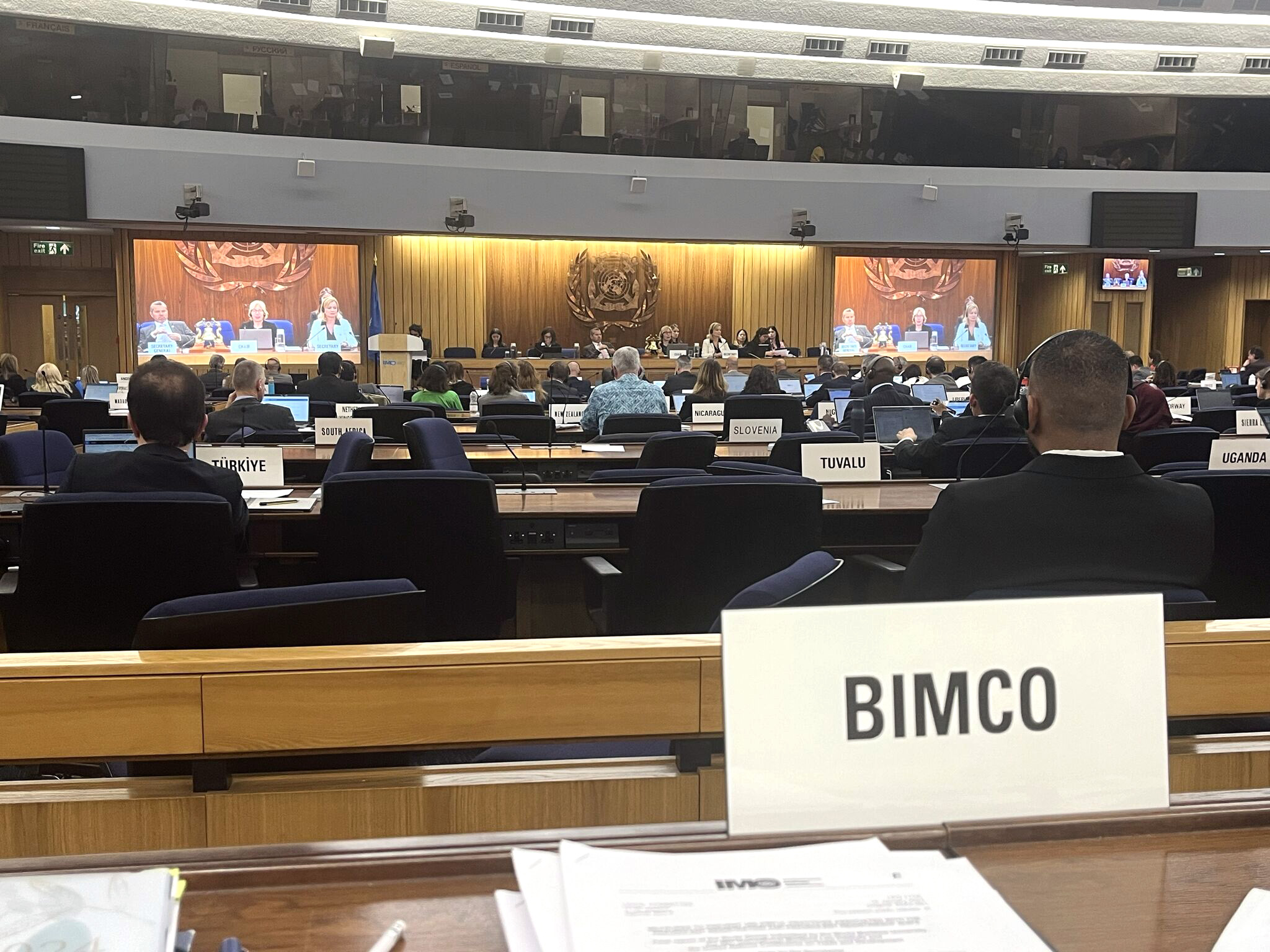 BIMCO sign on the desk at the International Maritime Organization in London