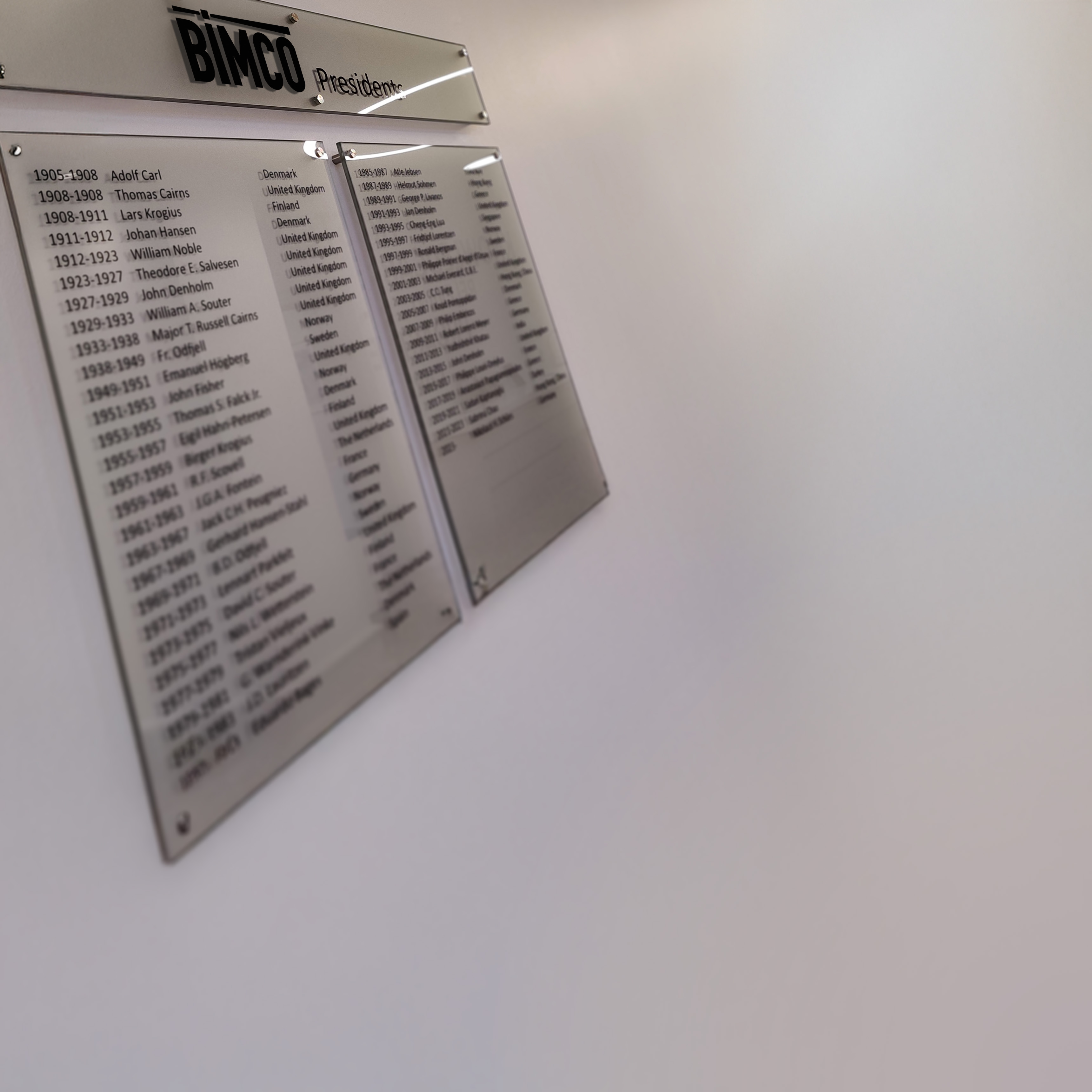 Plaque on wall of BIMCO House showing the list of presidents since foundation in 1905